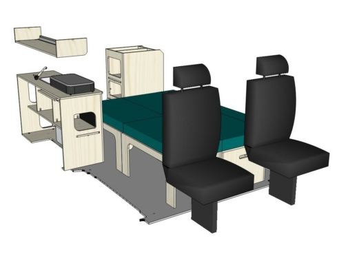 Mix ID-PEIGNE M + ID-INDETTE L + ID-OE L + ID-RANGE : vue 3D aménagement van par ID CAMP