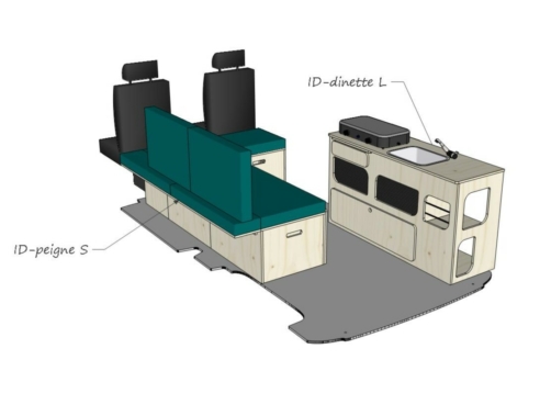 Mix ID-PEIGNE S et ID-INDETTE L : vue 3D aménagement van par ID CAMP