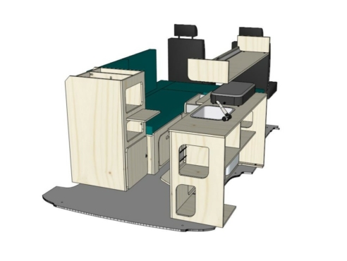 Mix ID-PEIGNE S + ID-INDETTE L + ID-OE L + ID-RANGE : vue 3D aménagement van par ID CAMP